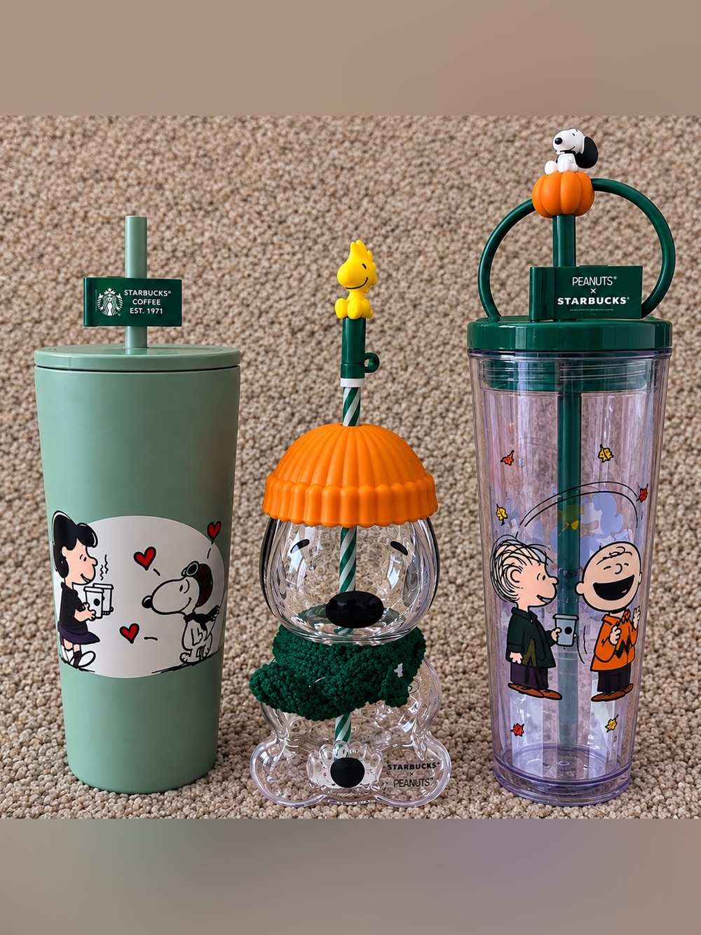 Starbucks Peanuts Green & Orange Character Straw Tumblers